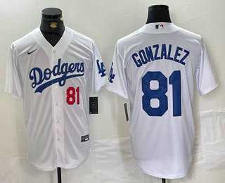 Mens Los Angeles Dodgers #81 Victor Gonzalez Number White Cool Base Stitched Baseball Jersey